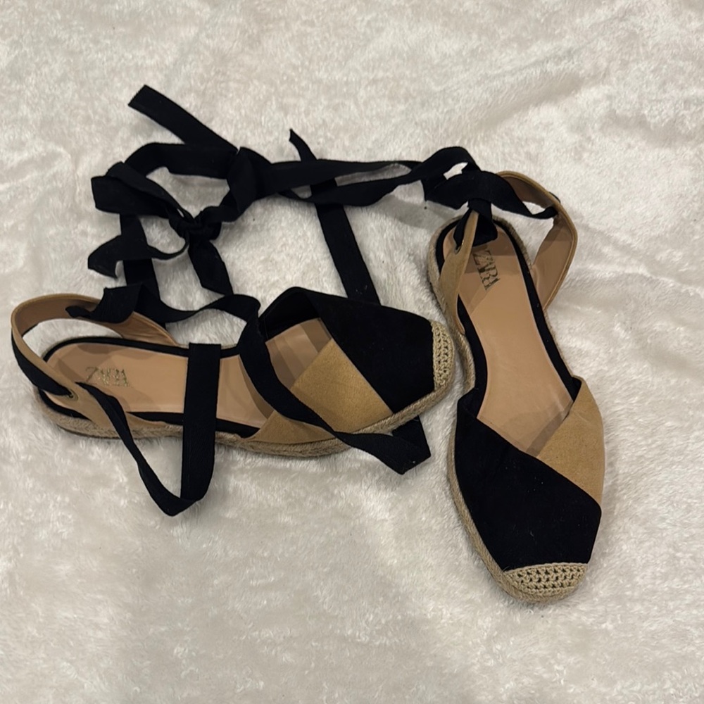 Zara Black and Tan Espadrille Lace-up Flats